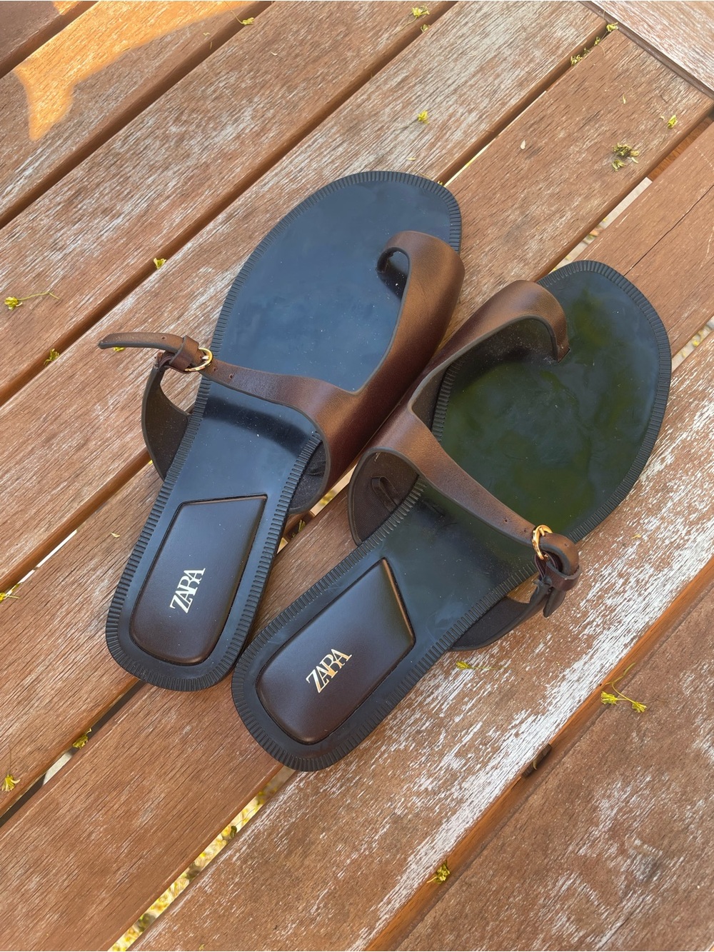 ZARA Black Footbed Brown Strap Toe-Post Sandals with Buckle